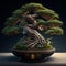 Nestled within an exquisitely crafted ceramic pot, a bonsai tree stands as a living work of art
