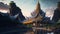 Nestled among the majestic mountains, the Blue Temple stands as a serene and captivating sight, exuding a tranquil aura in the