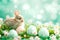 Nestled in spring meadow, enchanting bunny with delicate ears sits among speckled Easter eggs