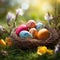 Nestled Spring Treasures: Colored Easter Eggs Resting in a Scenic Nest. Generative AI