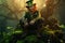 Nestled on a stump in a magical glade adorned with clovers, a leprechaun enjoys the enchanting ambiance, creating a