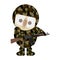 The nestling in camouflage clothes and with a helmet on his head. Bird in military clothes with weapons in their hands.