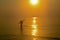 Net Fisherman ocean wading with tropical sunrise seascape , Thailand