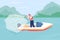 Net fishing from boat flat color vector illustration