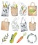 Net, paper and cotton shopping bags with grocery isolated on white background. Watercolor set of reusable eco package