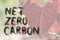 Net Zero Carbon, hand written words on red leaf background