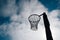 Netball goal ring and net against a blue sky and clouds at Hagley park, Christchurch, New zealand