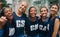 Netball huddle portrait, girl team smile and together for training workout, happy sport and diversity. Sports happiness