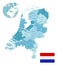 Netherlands administrative blue-green map with country flag and location on a globe