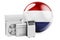 The Netherlands flag with cooling and climate electric devices. Manufacturing, trading and service of air conditioners in the