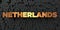 Netherlands - Gold text on black background - 3D rendered royalty free stock picture