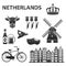 Netherlands icon set isolated on white background. Holland and Amsterdam symbols: wind mill, tulips, bicycle, beer. Template for t