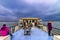 The Netherlands Ijselmeer 06-05-2018 View from the deck of an old fishing boat sailing across a lake in winter time, with gray-b