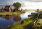 Netherlands landscape with river and windmill. Generative AI Art. Beautiful view