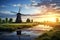 Netherlands landscape with windmill and and river. Generative AI Art. Beautiful view