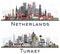 Netherlands and Turkey Skyline with Gray Buildings Isolated on White