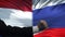 Netherlands vs Russia confrontation interests conflict, fists on flag background