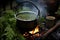 nettle tea brewing in a kettle over campfire flames