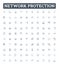 Network protection vector line icons set. Firewall, Antivirus, Encryption, Intrusion, Detection, Prevention