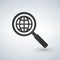 Network search icon. Silhouette symbol. Magnifying glass with globe. Vector illustration.