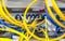 Network server room routers with fusebox panel blurred front background. Datacentre interface and equipment