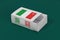 Neuchatel flag on white box with barcode and the color of canton flag on green background, paper packaging for put match or