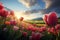 Neural network enhances beauty Wild tulips in a green, cloudy landscape