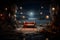 neural network generated empty scene with orange coach, carpet, light bulbs garlands and full moon night harbor view in