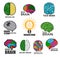 Neuro tech brain, brainstorm and brain lab icons
