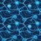 Neuron cells with blue glowing link knots in dark space. AI generative illustration