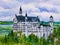 Neuschwanstein Castle. New Swanstone Castle. Palace on the top of the mountain. Watercolor paining.