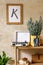 Neutral composition of sitting room interior with brown mock up photo frame, design wooden console, plants in hipster pot.