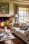 Neutral cottage sitting room with fireplace, living room interior design and country house home decor, sofa and lounge furniture,