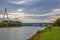 Neuwied Bridge in Germany under thunderhead cloudy sky