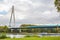 NEUWIED, GERMANY - Sep 25, 2019: a transport ship in front of the bridge across the river rhine c