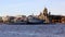 Neva river waterfront of Vasilievsky Island with two Navy ships