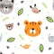 Never ending funny pattern for kids. Cute background with animal faces, dots, trees and leaves. Vector illustration for children