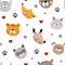 Never ending funny pattern for kids. Cute background with animal faces, stars, hearts and paws. Vector illustration for children
