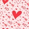 Never-ending seamless light love pattern with hearts, arrows and kisses. Valentines Day background