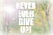 Never ever give up motivational quote on sunny forest background. Green optimistic inspirational typography quote