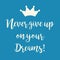 Never give up on your dreams inspirational quote card