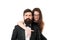 Never let me go. elegant woman. male tuxedo fashion. sexy lady embrace her bearded man. couple in love. business meeting