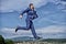Never stop. Businessman formal suit jump while call smartphone sky background. Entrepreneur in motion success expression
