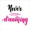 Never stop dreaming. Motivational and inspirational handwritten lettering on dark background. illustration for posters