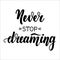 Never stop dreaming. Motivational and inspirational handwritten lettering on dark background. Vector illustration for
