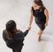 Never turn down the opportunity to meet fellow go-getters. High angle shot of two businesswomen shaking hands in an