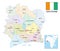 New administrative vector map of the African Republic Ivory Coast with flag