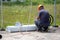 New antenna transmitters are being tied with ropes. by engineers to pull up to install the top of the mobile network antenna to