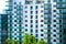 New apartments building with empty flats, white exterior with blue-green glass windows and a few green trees at the bottom.