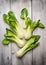 New baby pak choi on white wooden background,